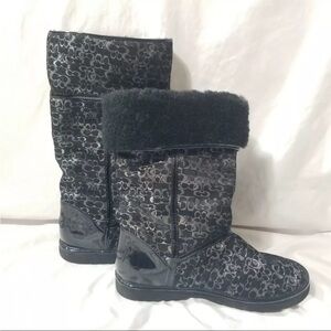 Women’s Black Coach Nikole Classic Signature Black Fur Winter Snow Boots, Six-9B